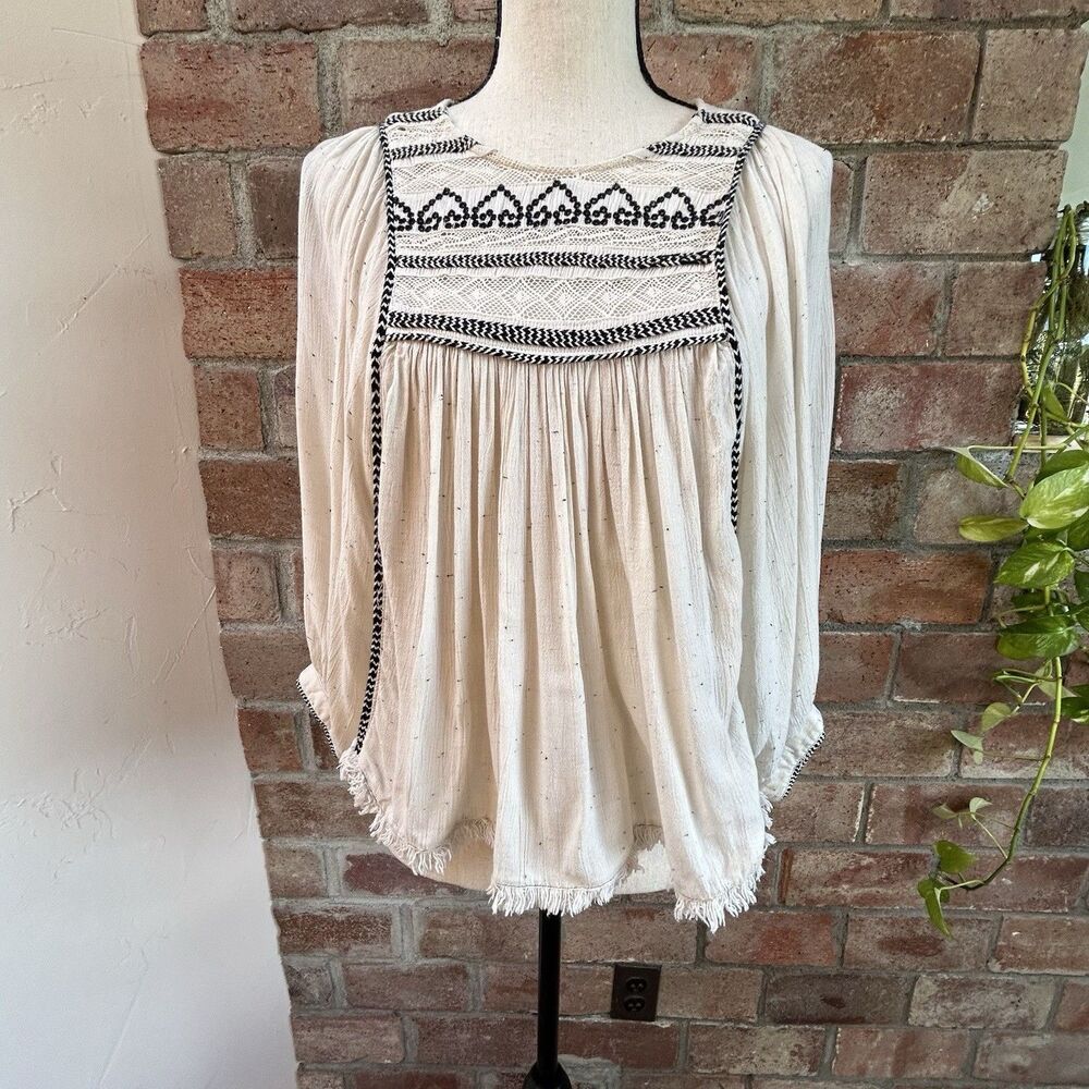 Free People Cyprus Avenue Embroidery Peasant Blouse Ivory Balloon Sleeve Size XS - Picture 2 of 13